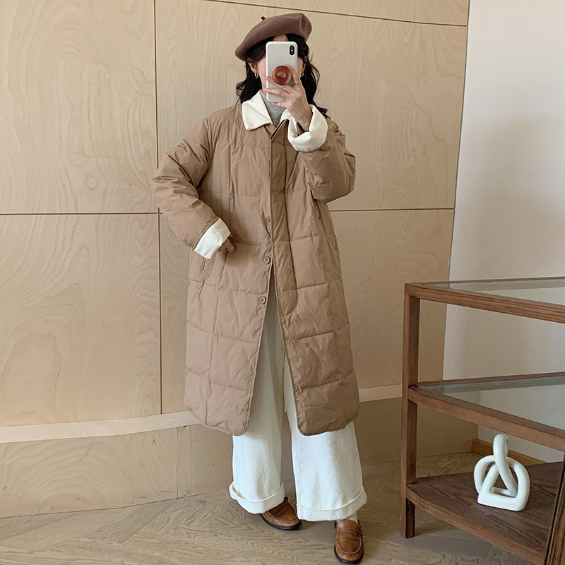 羽绒棉服女中长款过膝冬新款韩版轻薄寸衫领宽松显瘦棉服外套|undefined