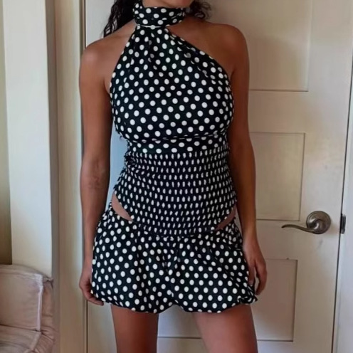 Spice Girls suit Women's 2025 New Retro Wave Hanging Neck Vest Top Low Waist Lace-up Flower Bud A Short Skirt