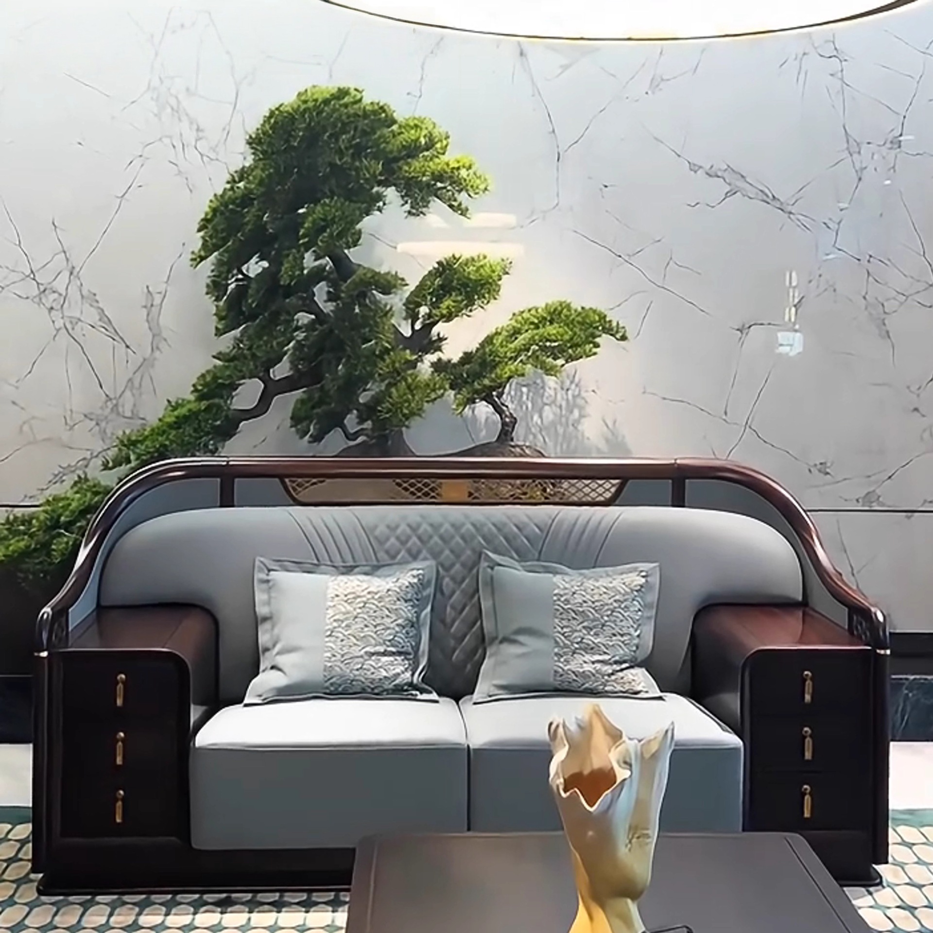 Chinese-Style New Solid Wood Sofa with Genuine Leather, Light Luxury Furniture Set for High-End Villas and Various-Sized Living Rooms