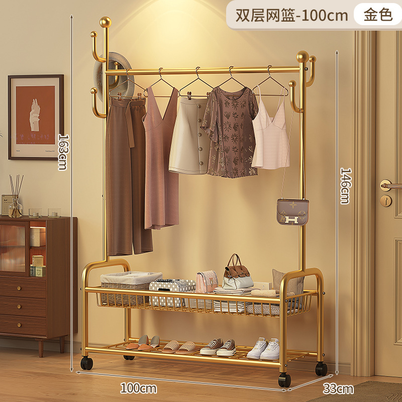 100cm 더블 레이어 메쉬 바스켓 - 라이트 럭셔리 골드 + 후크 6개 + 메탈 유니버설 휠