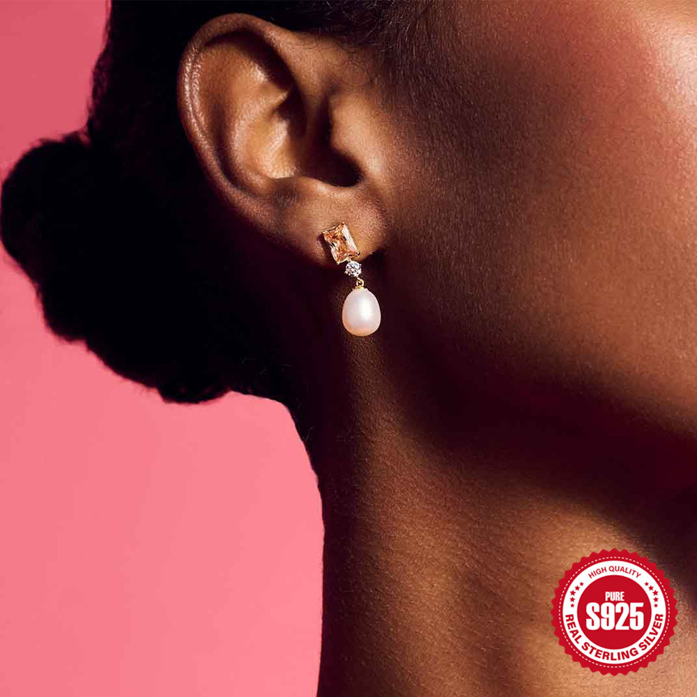2g Weight 18K Gold Plated Plating Material 1 Pair 925 Sterling Silver Zircon Geometric Color Block Drop Earrings