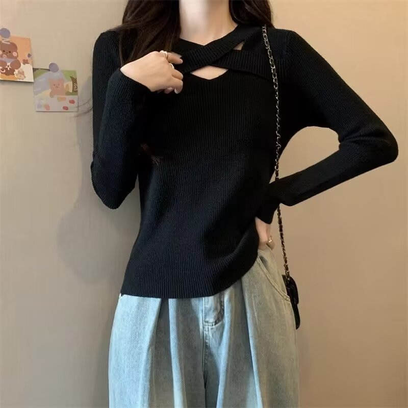 大码高级感小衫内搭黑色打底衫女秋季胖mm显瘦遮肚子针织毛衣上衣|undefined