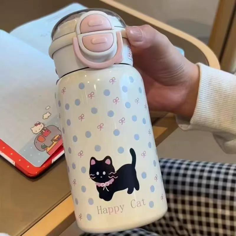 Taza termo de gatito simple, linda chica de alto valor, taza de sorbente para estudiantes, taza para beber doble de acero inoxidable 316 para niños
