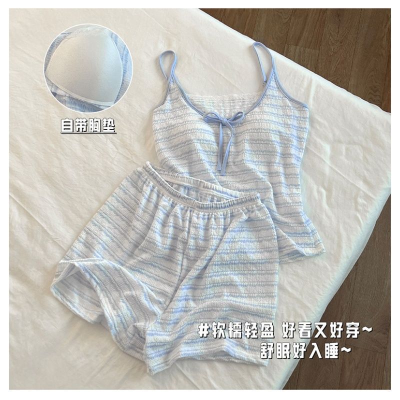 Blue Striped Sexy Suspender Pajamas for Women Summer 2026 New Style with Chest Pads Short-Sleeved Shorts Home Wear Women's Suit Blue Striped Sexy Suspender Pajamas for Women Summer 2026 New Style with Chest Pads Short-Sleeved Shorts Home Wear Women's Suit
