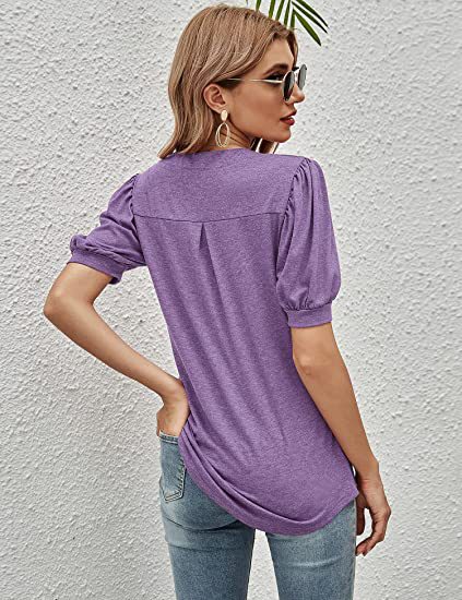 Top Summer Casual V neck Solid Color Puff Sleeve Loose T shirt Women