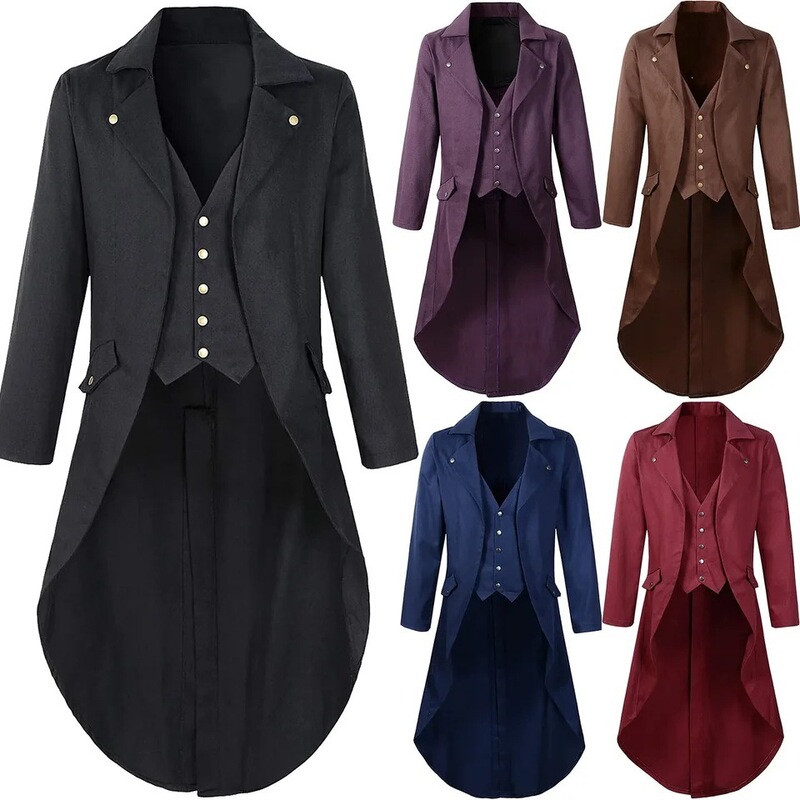 Adult Men's Black Jacket Fashion Gothic Steampunk Tuxedo Jacket Teenager Coat for Spring and Autumn