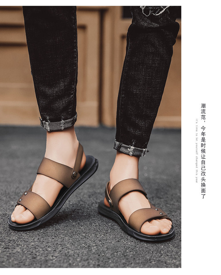 Dép sandal nam hở ngón chất liệu da PU chống trơn thoáng khí đi biển mùa hè — Màu nâu, Đen toàn bộ chi tiết 15