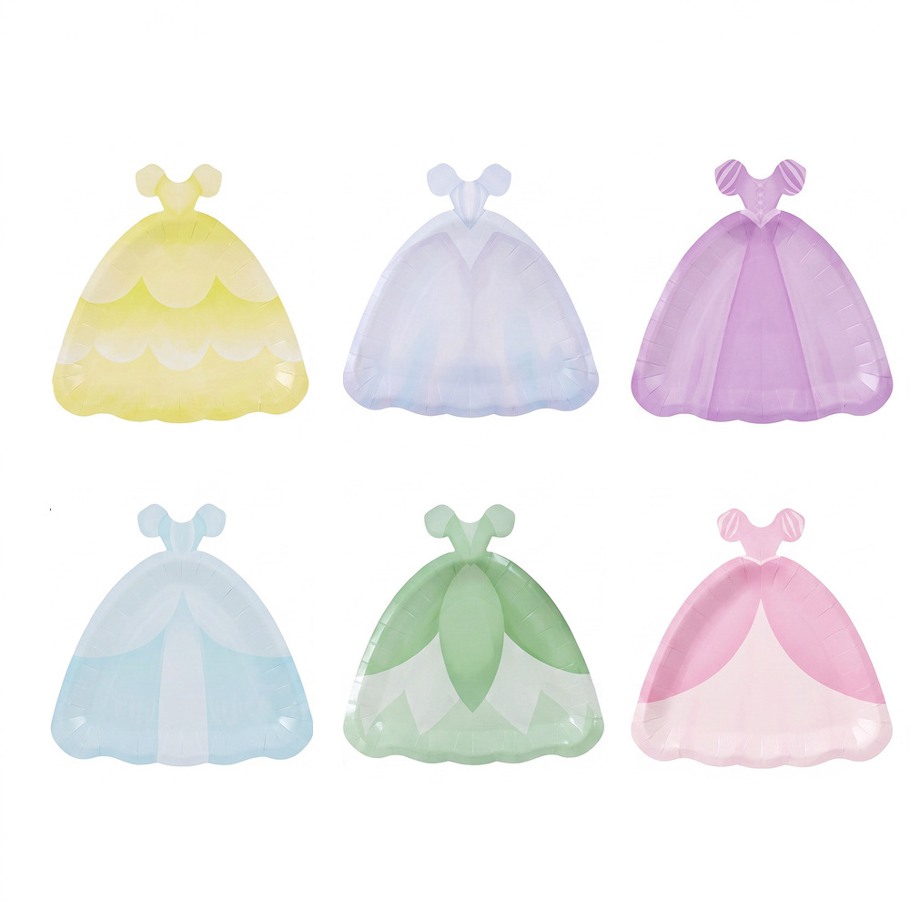 Food-grade glossy macaron princess dress shaped paper plate for girls' princess birthday party, disposable dessert tray