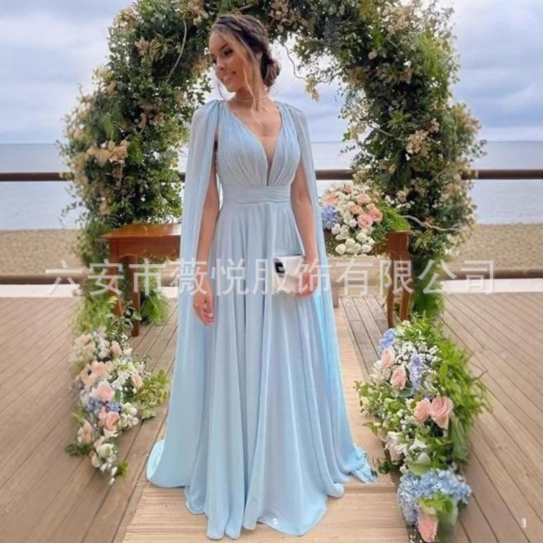 Cross-Border Independent Website European and American Foreign Trade Women's New Fashion Sexy V-Neck Dress with Straps, Solid Color Slit Evening Gown Cross-Border Independent Website European and American Foreign Trade Women's New Fashion Sexy V-Neck Dress with Straps, Solid Color Slit Evening Gown