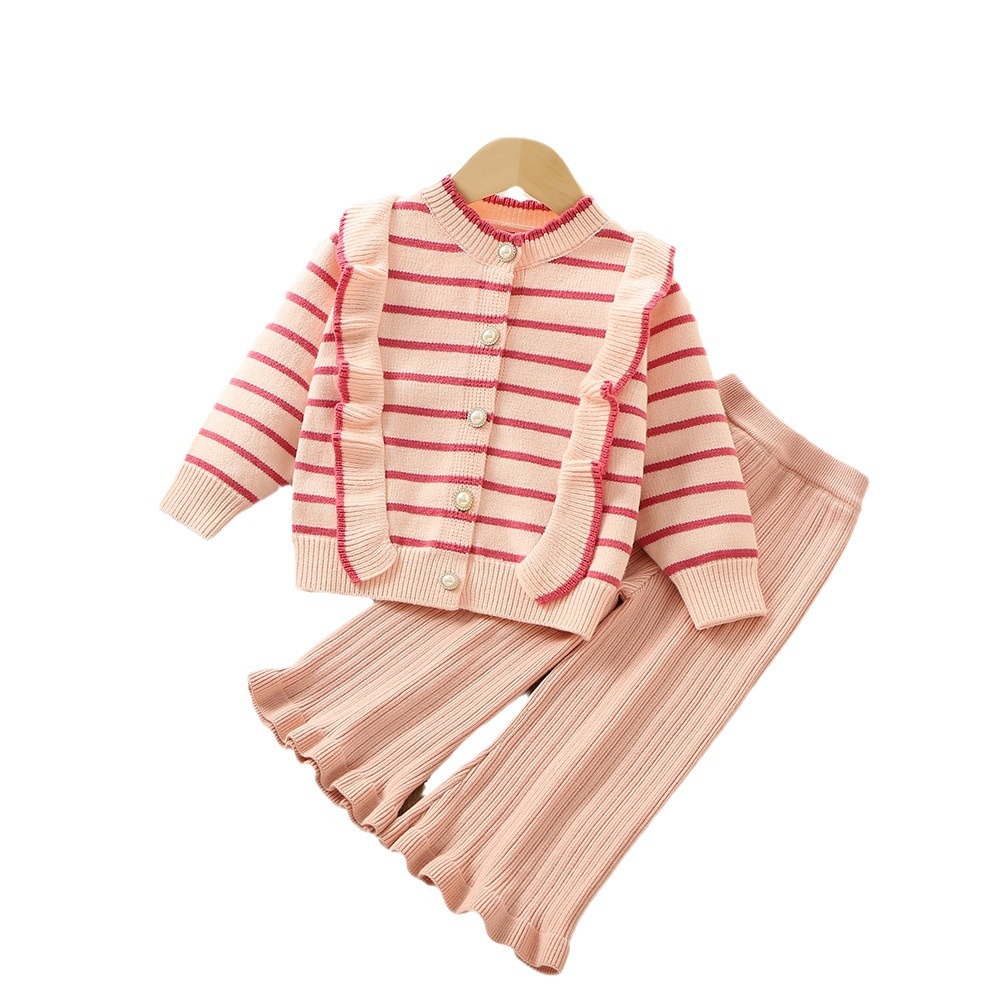 Girls' Sweater S 2023 Winter New Korean Edition Western Style Girl Stripe Wooden Ear Edge Children's Pants Two Piece_voghion.com