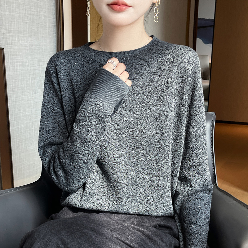 精纺羊毛休闲灰色长袖针织衫女2025年秋季新款打底舒适女装上衣|undefined