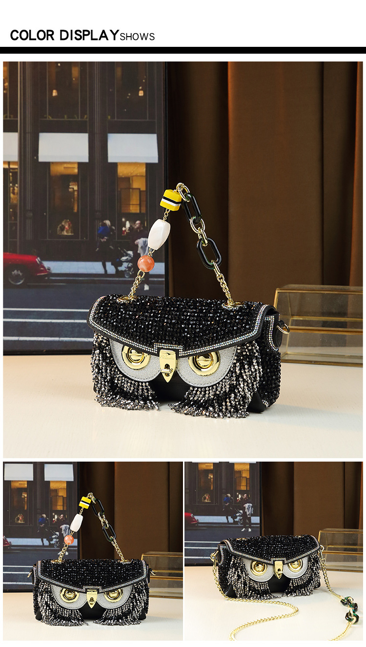 Borsa a mano da donna a forma di gufo con strass e nappe, resistente, a tracolla, piccola borsa quadrata, lusso di nicchia accessibile_voghion.com