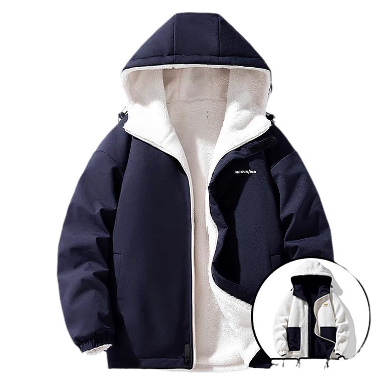 NASA 양면 커플 겨울 소년 캐주얼 양고기 울 오버 코트 방수 후드 기모 코튼 코트 트렌디 브랜드