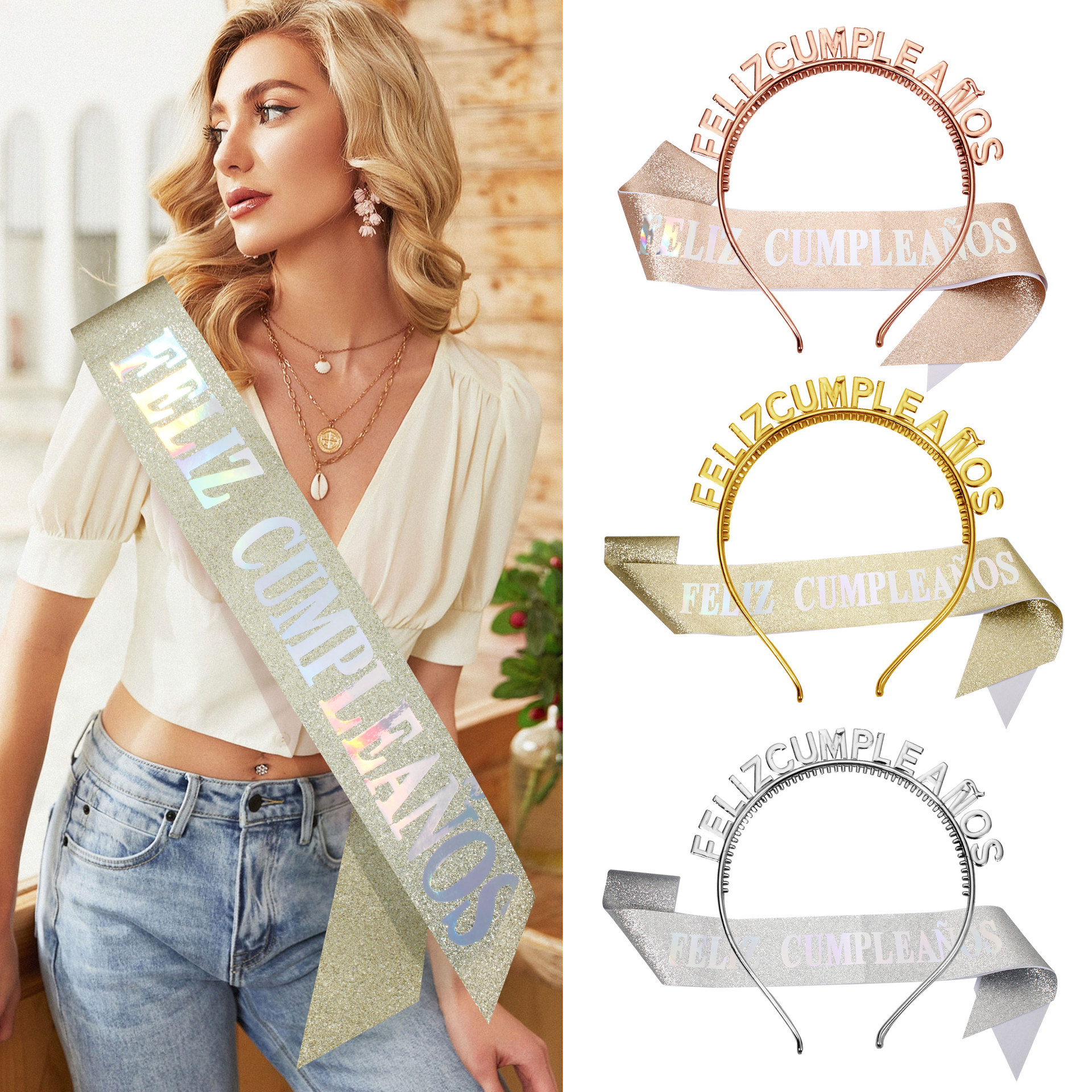 Cumpleaños español correa de hombro serie de taladro de plástico chapado en oro fiesta de ventas calientes en el extranjero de Europa y América