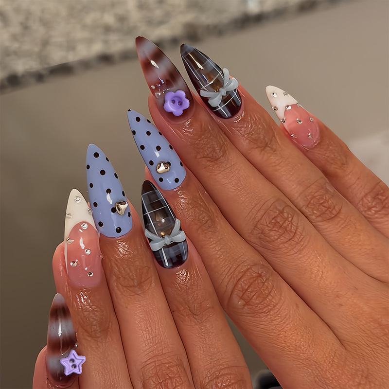 Cross-Border Pure Desire Ballet Style Long Pointed Exquisite Wearable Nails with Deep Plaid Blue Background and Polka Dots, European and American Style Fake Nails Wholesale