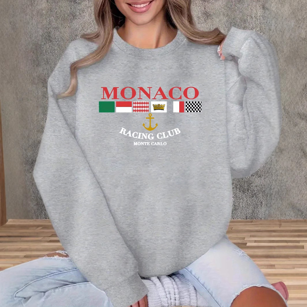 Women's Monaco Print Fashionable All-Match Streetwear Crew Neck Casual Sweatshirt Pullover_voghion.com