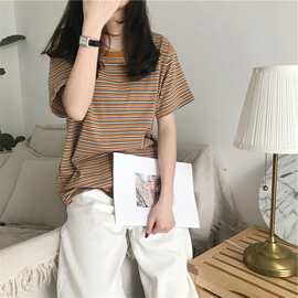 2025夏季韩版新款短袖上衣女撞色条纹百搭t恤女宽松学生潮打底衫