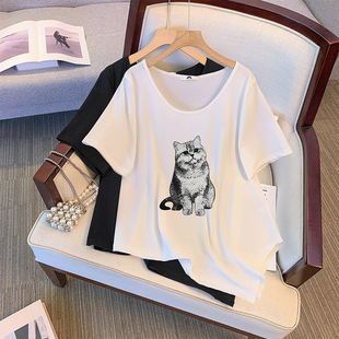 Deformation policy plus size chubby girl women's clothing design sense niche retro thin short sleeve T-shirt cat print summer