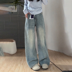 浅色阔腿牛仔裤女高腰夏季新款大码胖mm宽松显瘦梨形身材直筒裤子
