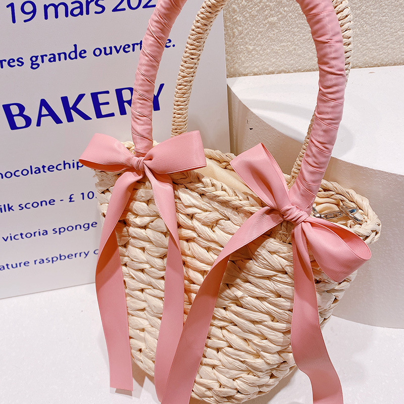 Women's Small Nylon Bow Knot Vintage Style Bucket Open Straw Bag display picture 1