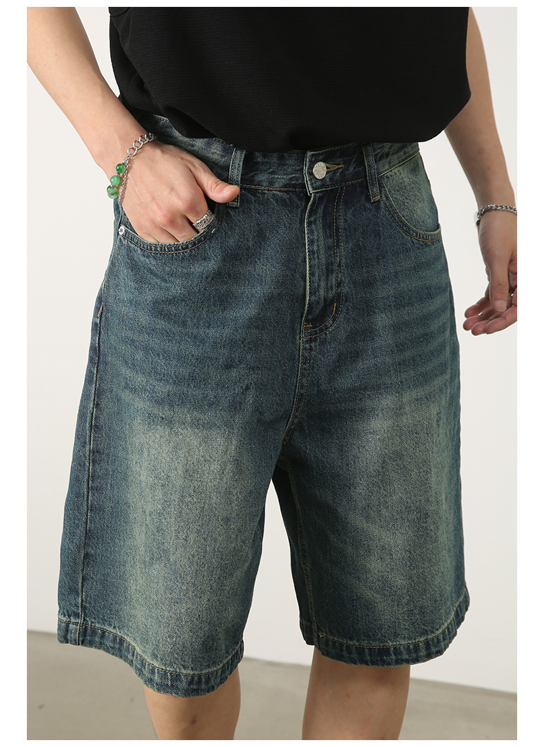 Men's Summer Retro Distressed Blue Denim Shorts Loose Straight Versatile Hot Pants Trendy American Style_mkmklike.com