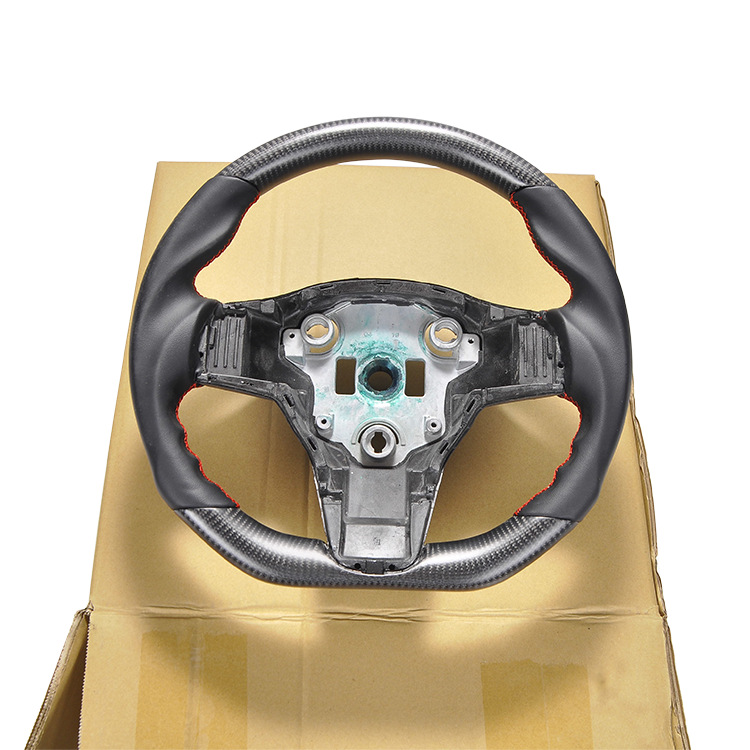 100% Real Carbon Fiber Matte Black Steering Wheel with Red Stitching - For Tesla Model 3 Y