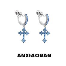 蓝色菱形十字架男耳环时尚百搭个性耳钉ins欧美嘻哈潮流