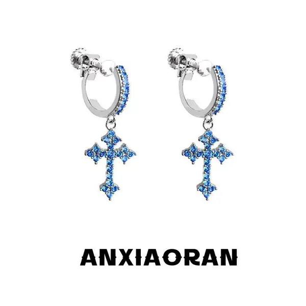 Blue Diamond Cross Men's Earrings Fashion All-match Distinctive Earrings Ins European and American Hip-hop Trend