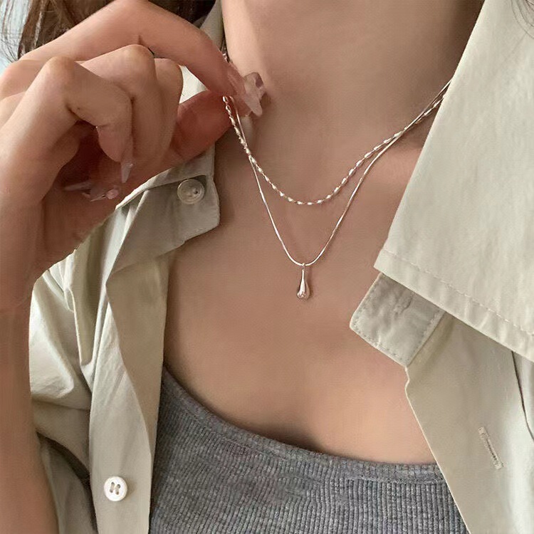 silver Water Drop Double Layer Necklace Women's Ins Niche Design Light Luxury Gentle Personality Simple All-match Collarbone Chain