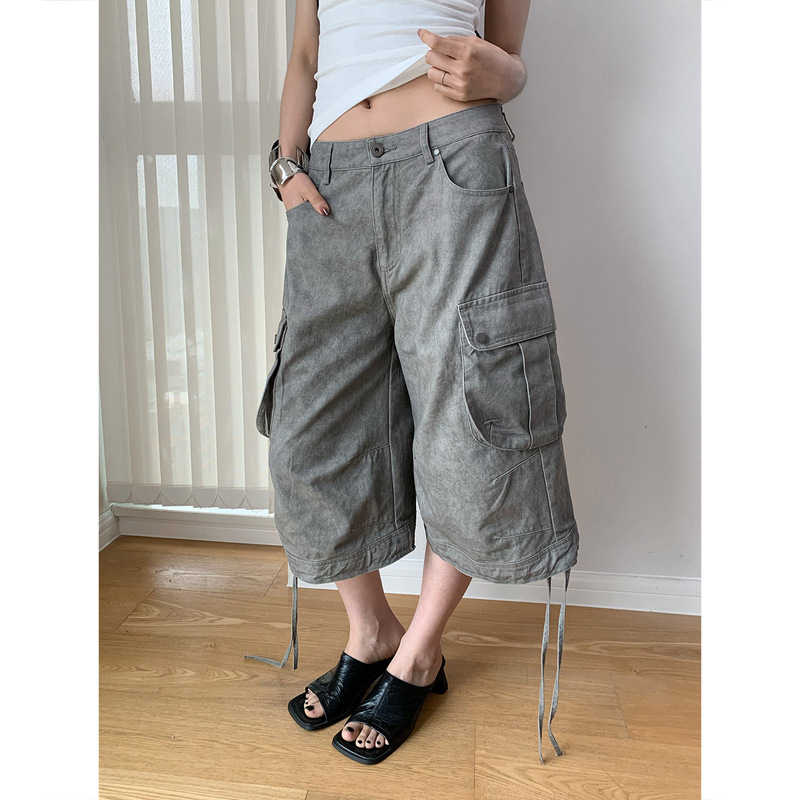 Dorothy [Three Colors Available] Vintage Washed Tie-Dye Distressed Multi-Pocket Tie-Strap Workwear Denim Shorts