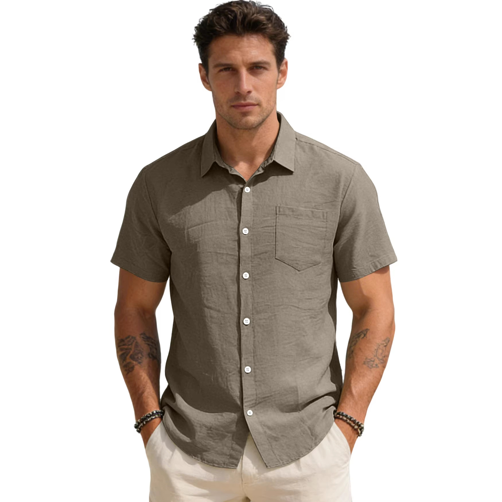 Nuevo cross-border hombre suelto de color sólido mangas corta mangas de bolsillo cardigan camisa de comercio exterior casual hombre