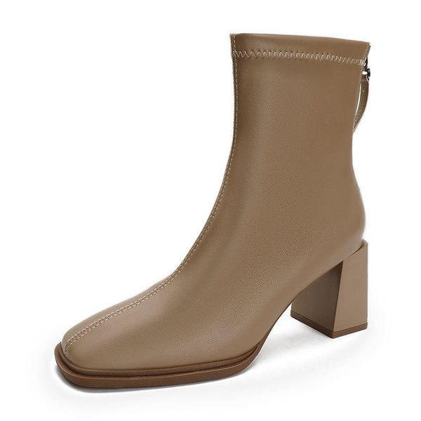 white keep warm low boots heels square toe