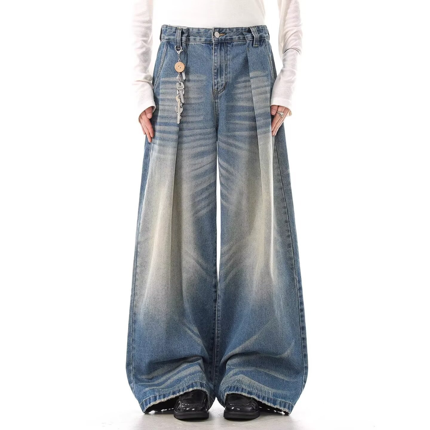 High Waist Wide-Leg Vintage Washed Jeans Cat Whisker Distressing Classic Blue S-3XL Men's Clothing Denim Trousers_mkmklike.com