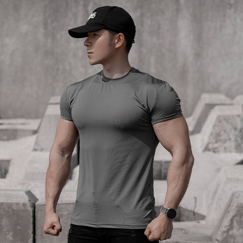 スポーツ用伸縮性半袖メンズTシャツ 夏用 無地 マッスルラウンドネック 速乾性 通気性 フィットネスウェア 冷感 通気性|undefined