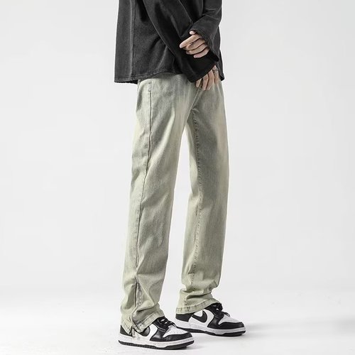 Spring/Autumn Yellow Mud-Dyed Flared Jeans for Men, Washed American-Style Pants with High-Street Fashion Brand Design—Featuring a Zipper and Split Crotch for a Straight-Leg Look