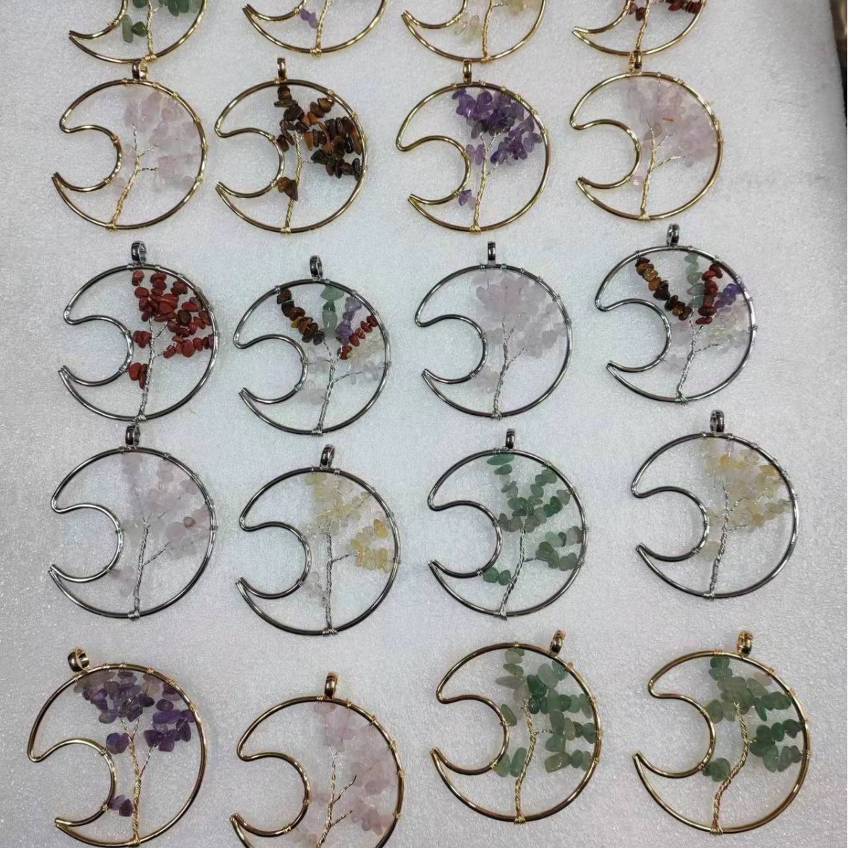 月亮生命樹項鍊手工纏繞水晶碎石吊墜天然七彩水晶樹配飾亞馬遜