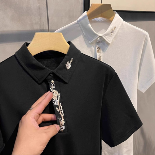 New Chinese-style plum embroidery stand collar men's casual summer short-sleeved top trendy 2025