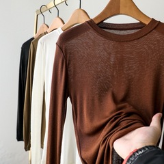 ウール + テンセル! ランニングタイプの丸首の純色の基礎の長袖の底のシャツのtシャツの女性の春e