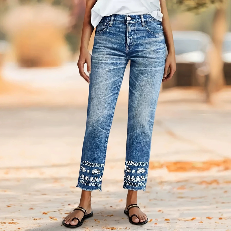 European and American Cross-Border Women's Ethnic Style Embroidered Detail Casual Straight-Leg Stretchy Versatile Washed Jeans European and American Cross-Border Women's Ethnic Style Embroidered Detail Casual Straight-Leg Stretchy Versatile Washed Jeans