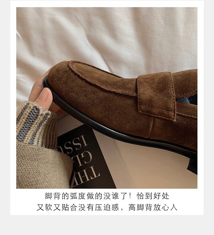 Giày lười nữ da lộn cổ điển mũi tròn đế bằng gót 3–5 cm — Màu nâu kaki, màu đen chi tiết 10