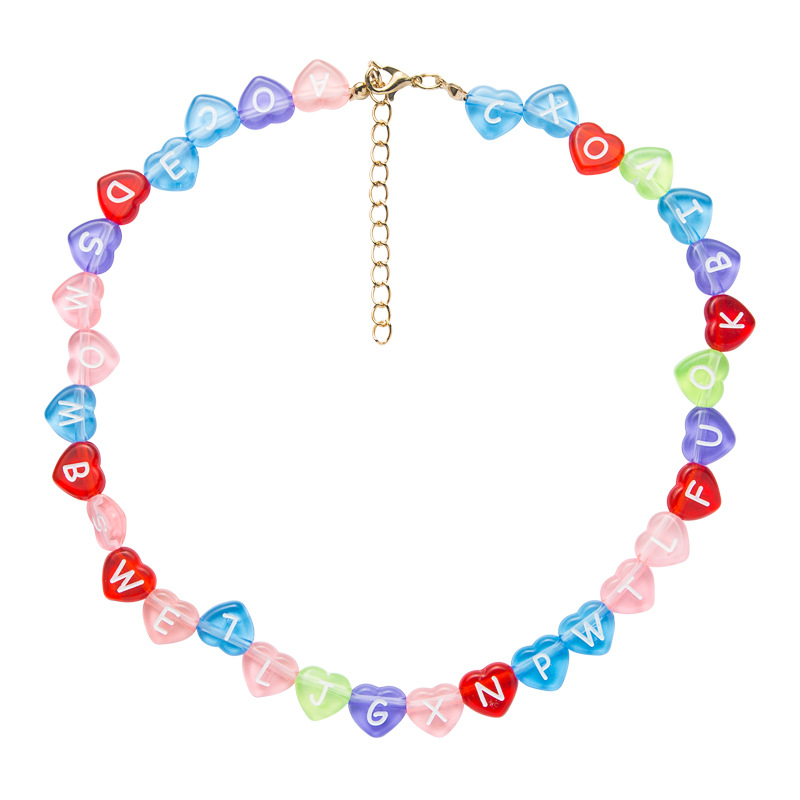 English Alphabet Macaron Mixed Color Heart-shaped Resin Handmade Beaded Necklace Clavicle Chain display picture 6