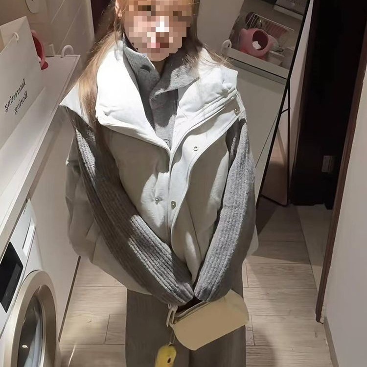 秋冬新品韩系学院风复古加厚保暖棉服马甲女灰色高领针织毛衣套装|undefined