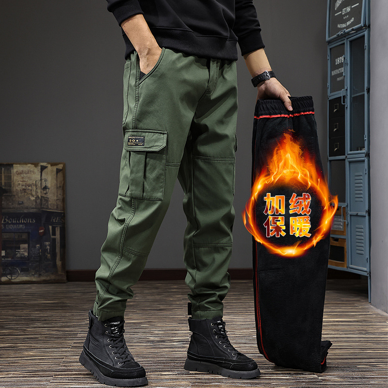 Winter New American Style Trendy Brand Stitching Overalls Men's Heavy fleece-lined Thickened Loose Velcro Straight Casual Pants