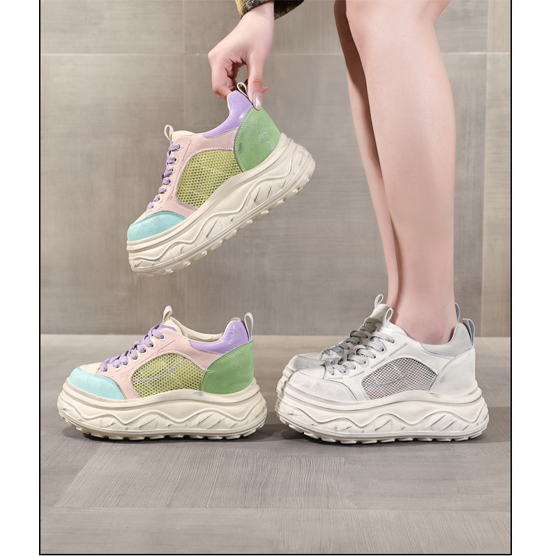 Giày thể thao nữ đế dày tăng chiều cao sneaker trắng cổ thấp — Xám trắng chi tiết 14