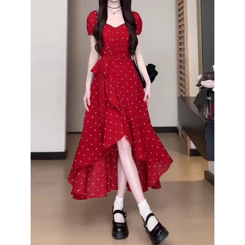 Red Dress for Women Summer 2025 New Trendy Popular Hot Style Beautiful Niche Pretty Waist-Cinching Long Dress