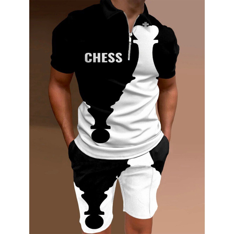 European and American 2024 new men's 3dpolo shirt independent stand zipper short sleeve round neck casual men's T-shirt shorts suit European and American 2024 new men's 3dpolo shirt independent stand zipper short sleeve round neck casual men's T-shirt shorts suit