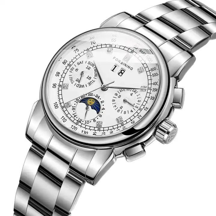 Forsining mujer moda casual movimiento mecánico multifuncional reloj mecánico automático correa de acero Sun Moon Star
