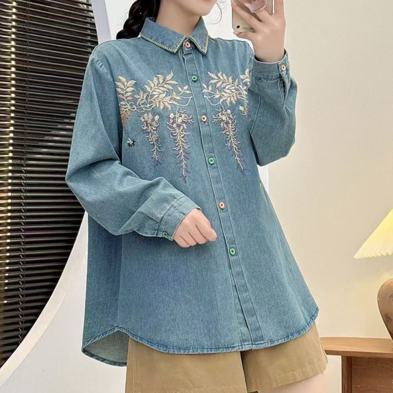 宽松大码刺绣牛仔衬衣日系田园风森女系牛仔衬衫女长袖上衣女装|undefined