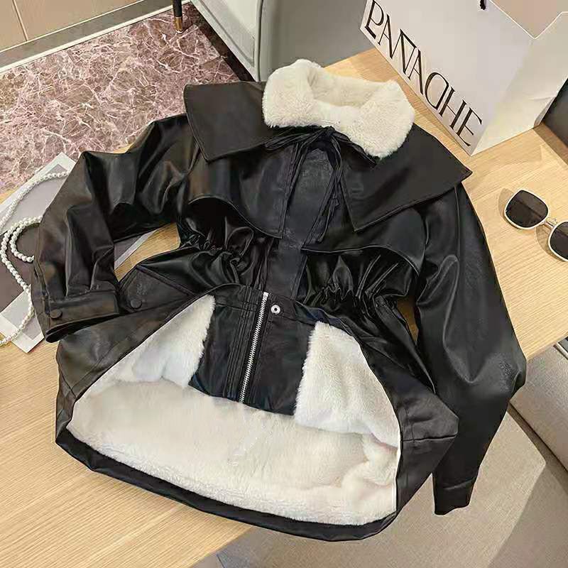 Fleece-Lined Women's Winter Thickened 2025 New Warm Fur Coat Retro Hong Kong Style Black Motorcycle Leather Jacket