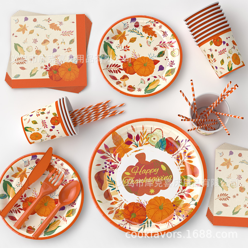 Amazon Thanksgiving atmósfera diseño tema calabaza papel desechable vajilla partido decoración traje suministros image 4